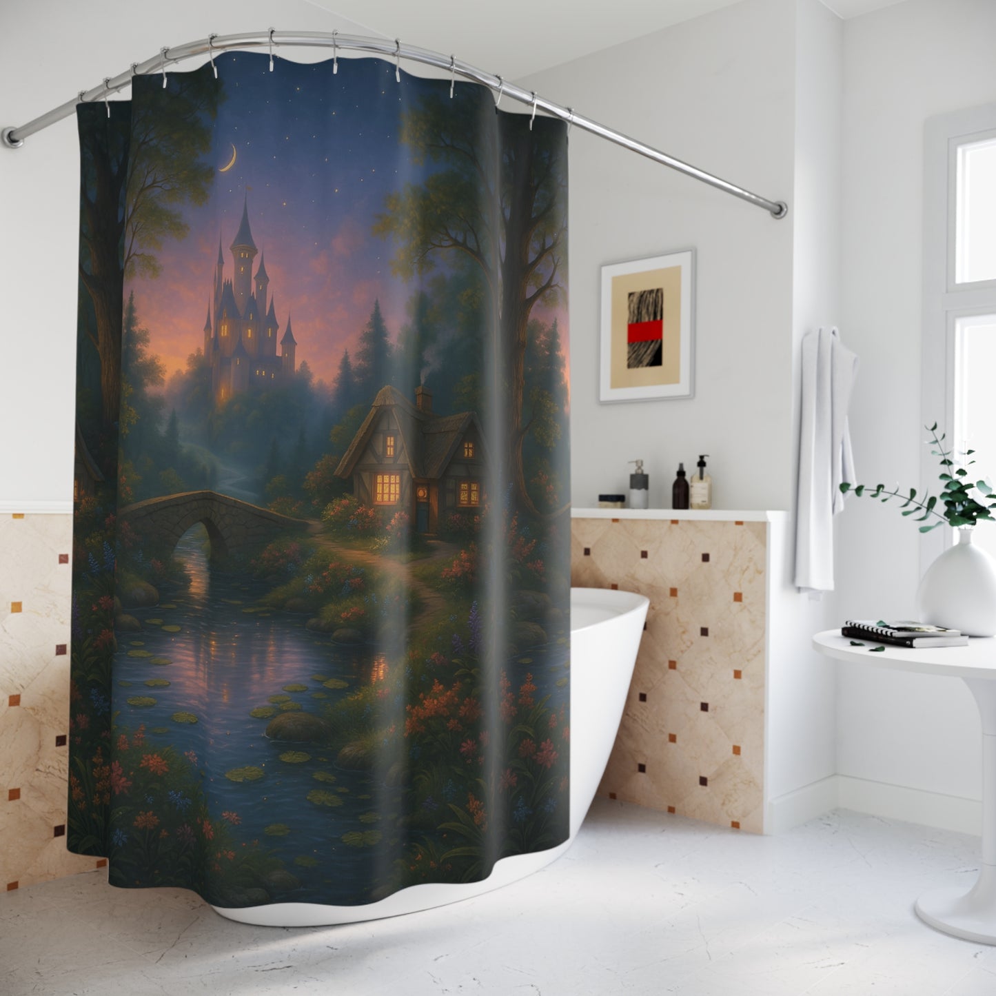 Dreamy Fairy Tale Shower Curtain, Vibrant Fantasy Home Decor, Magical Bathroom Accessory, Enchanting Castle Design, Gift for Dreamers