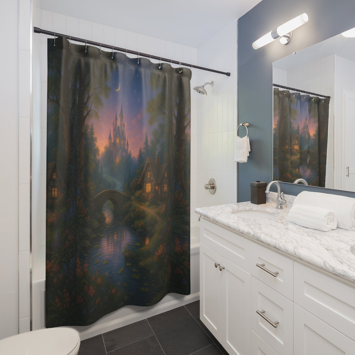 Dreamy Fairy Tale Shower Curtain, Vibrant Fantasy Home Decor, Magical Bathroom Accessory, Enchanting Castle Design, Gift for Dreamers