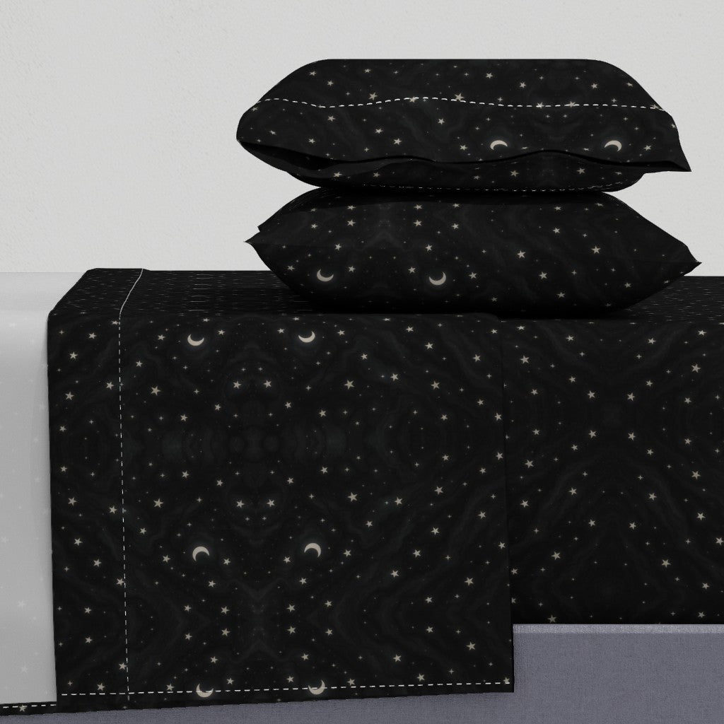 Obsidian Veil Sheet Set – Black Galaxy Stars & Moon Cotton Sateen Bedding | Twin to Cal King | CelestialLinens™