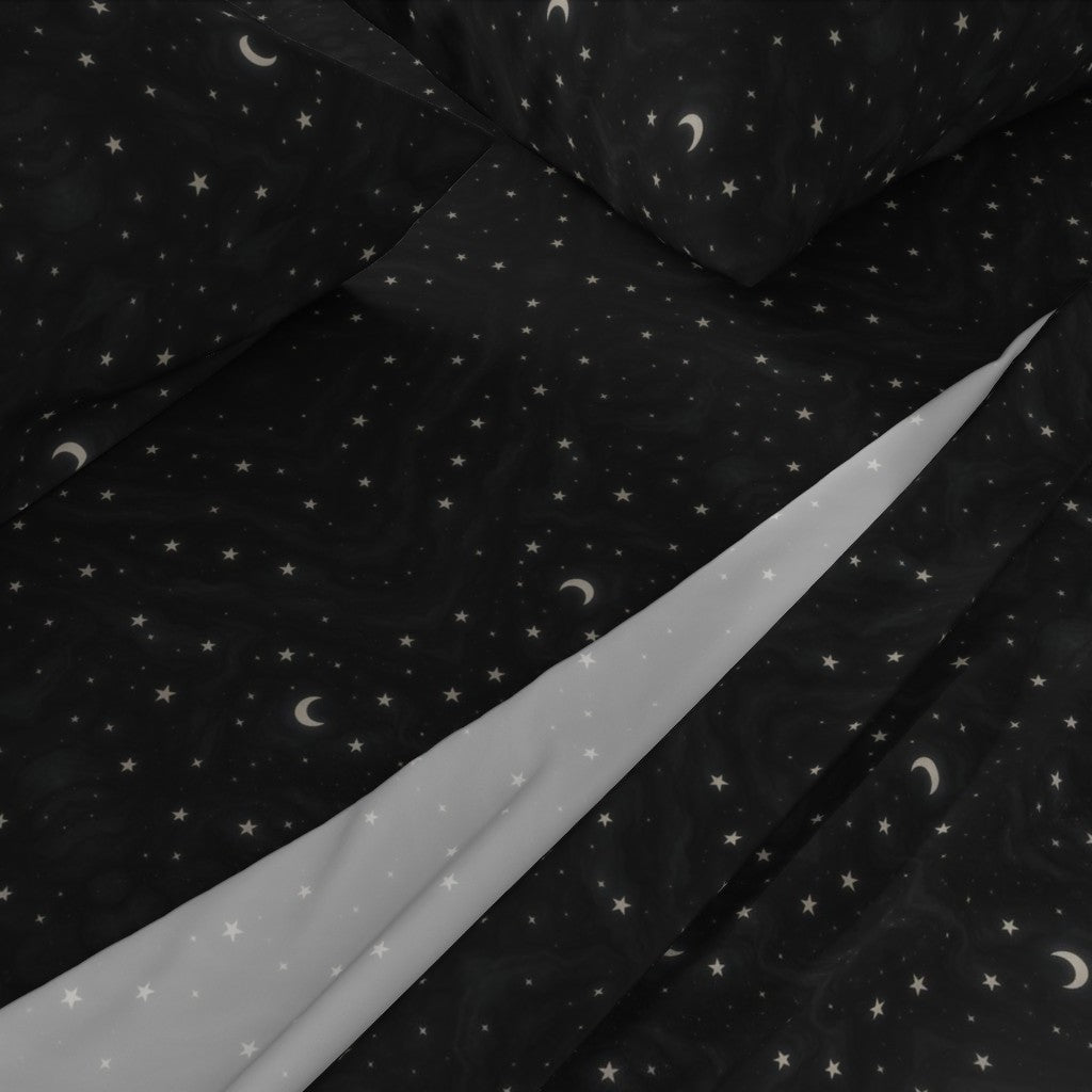 Obsidian Veil Sheet Set – Black Galaxy Stars & Moon Cotton Sateen Bedding | Twin to Cal King | CelestialLinens™