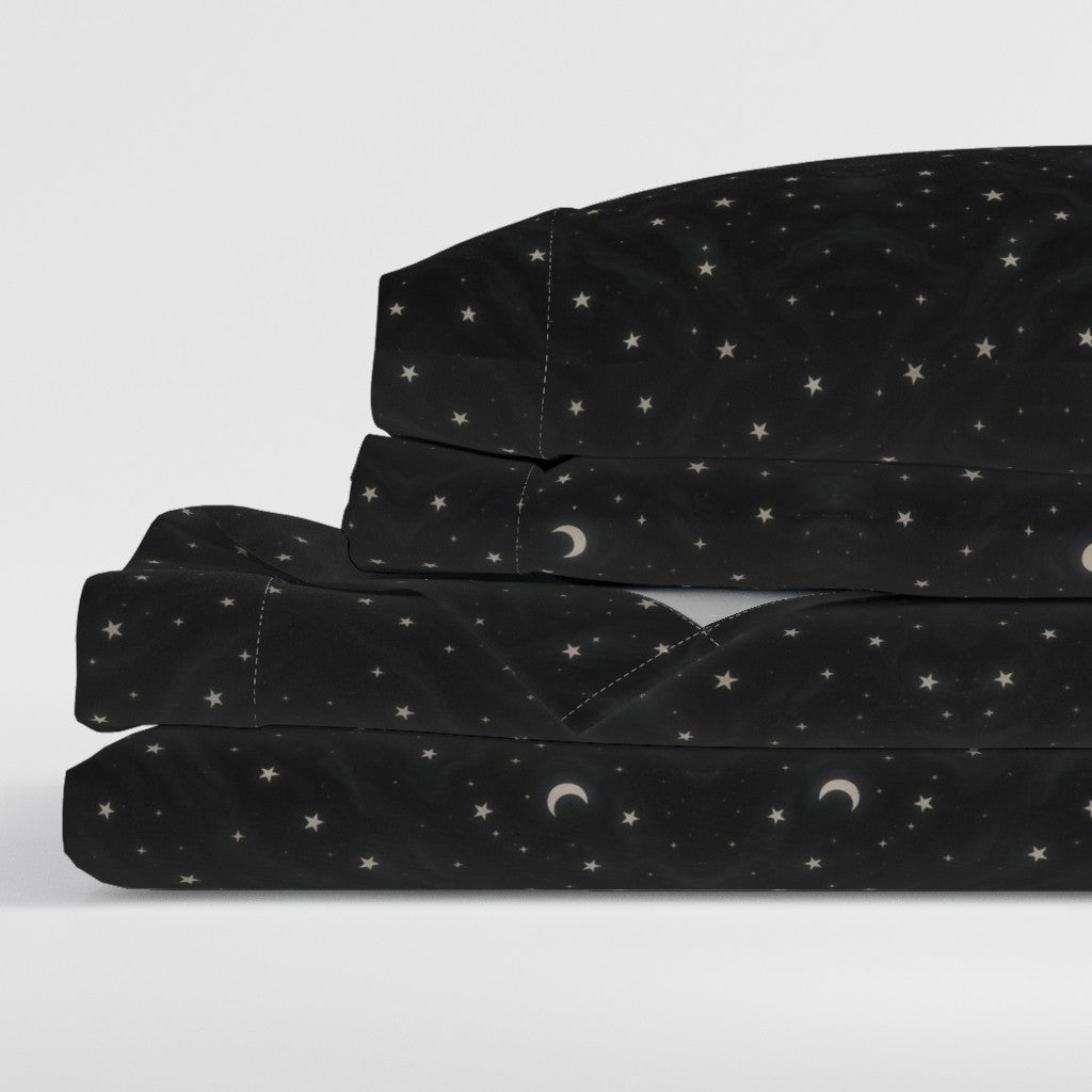 Obsidian Veil Sheet Set – Black Galaxy Stars & Moon Cotton Sateen Bedding | Twin to Cal King | CelestialLinens™