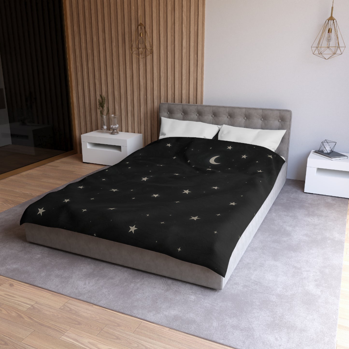 Obsidian Veil Duvet Cover – Black Celestial Moon & Stars Bedding for Modern Bedrooms