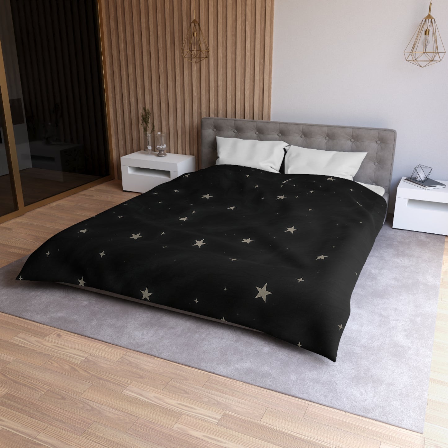 Obsidian Veil Duvet Cover – Black Celestial Moon & Stars Bedding for Modern Bedrooms