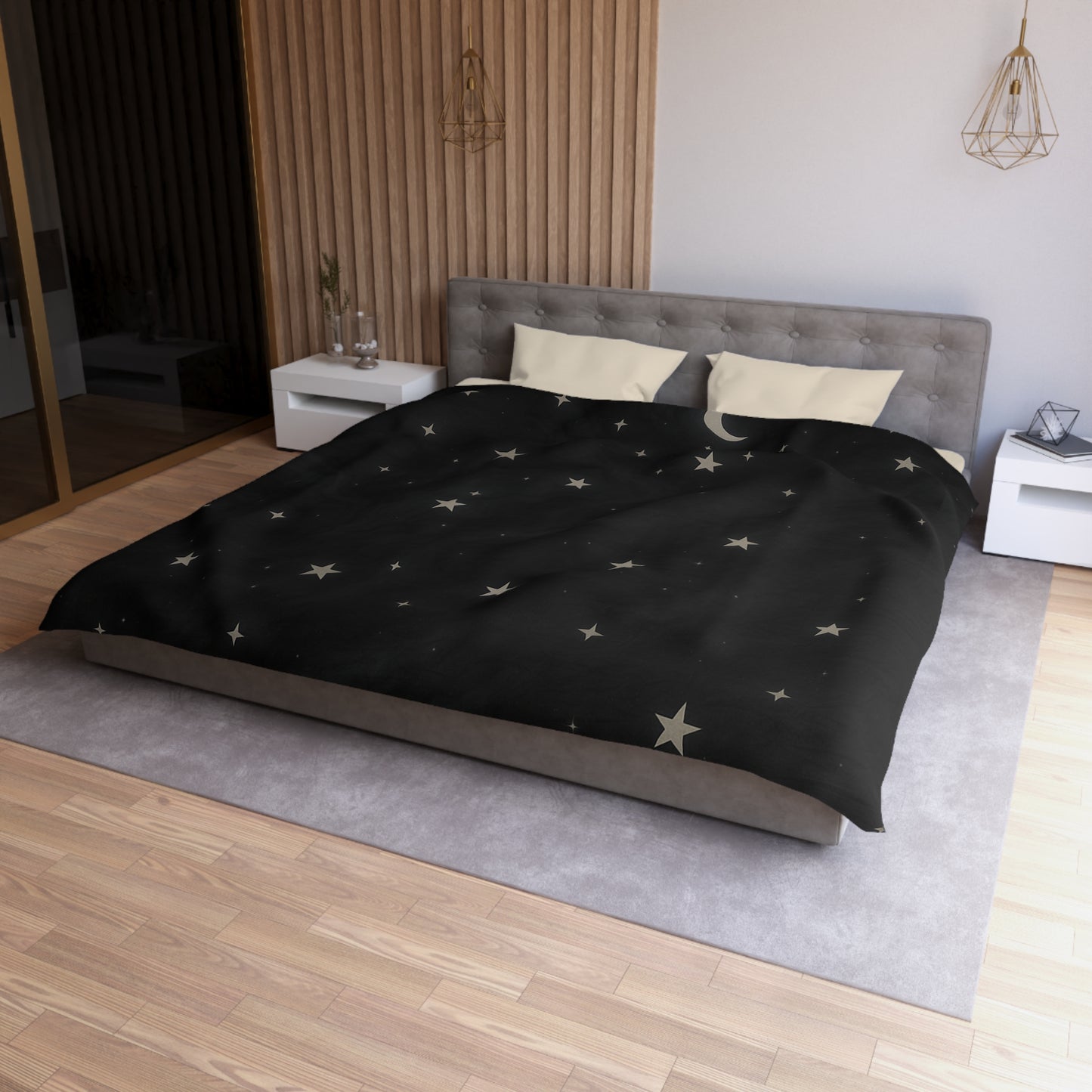 Obsidian Veil Duvet Cover – Black Celestial Moon & Stars Bedding for Modern Bedrooms