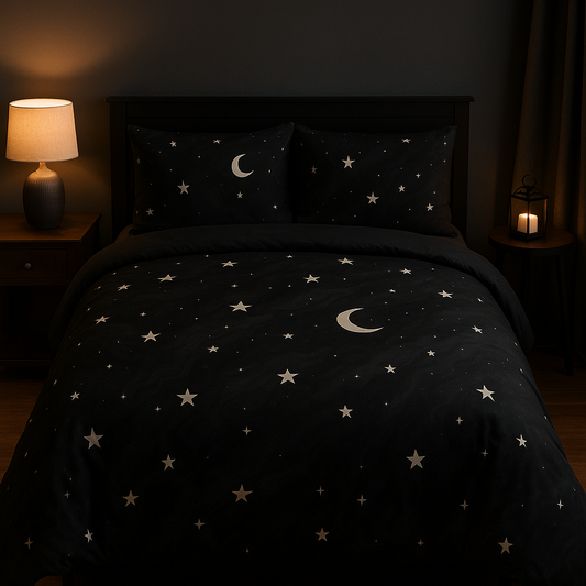 Obsidian Veil Comforter – Black Celestial Moon & Stars Bedding for Modern Bedrooms