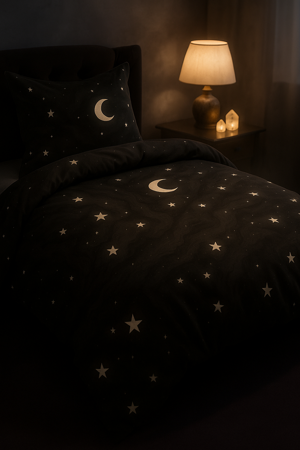 Obsidian Veil Comforter – Black Celestial Moon & Stars Bedding for Modern Bedrooms