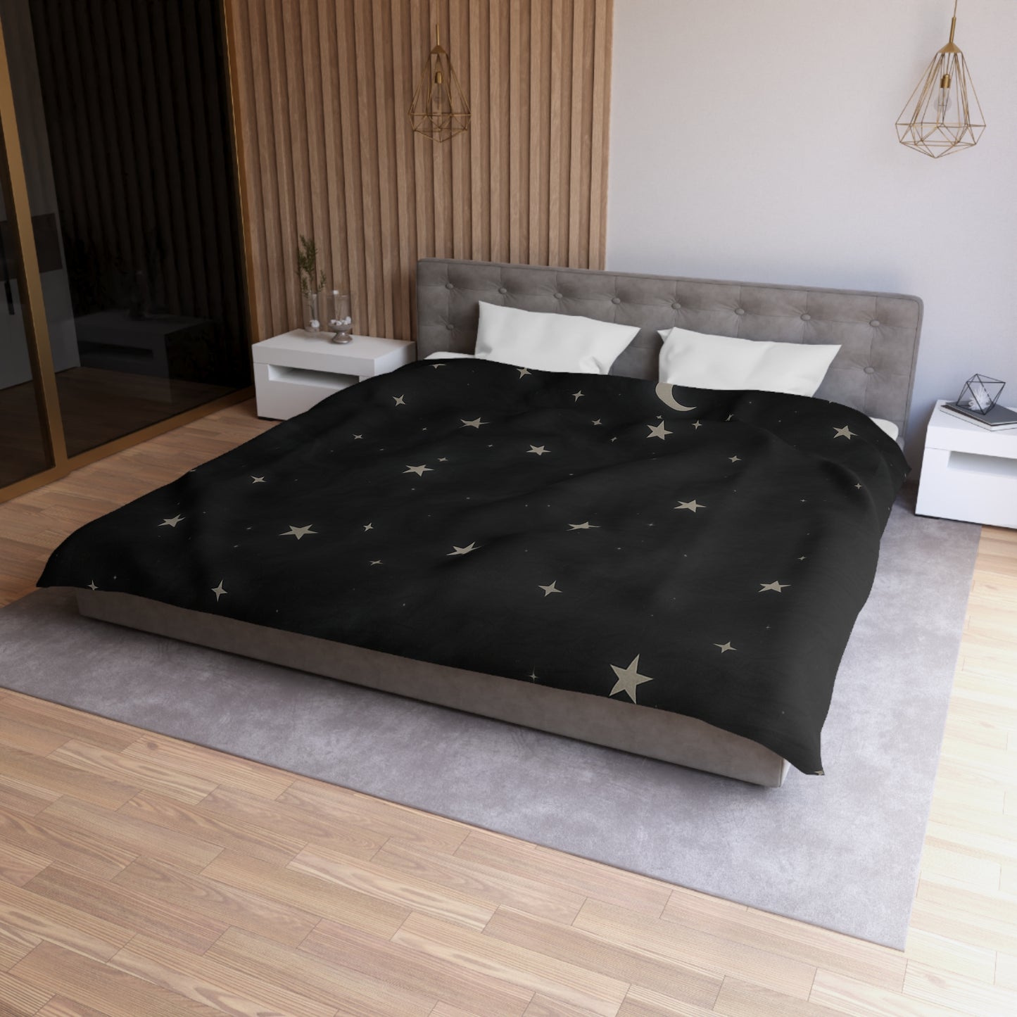 Obsidian Veil Duvet Cover – Black Celestial Moon & Stars Bedding for Modern Bedrooms
