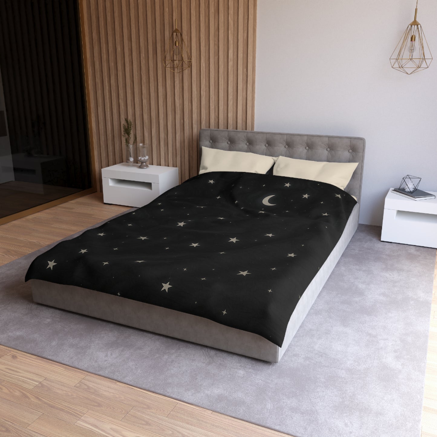 Obsidian Veil Duvet Cover – Black Celestial Moon & Stars Bedding for Modern Bedrooms