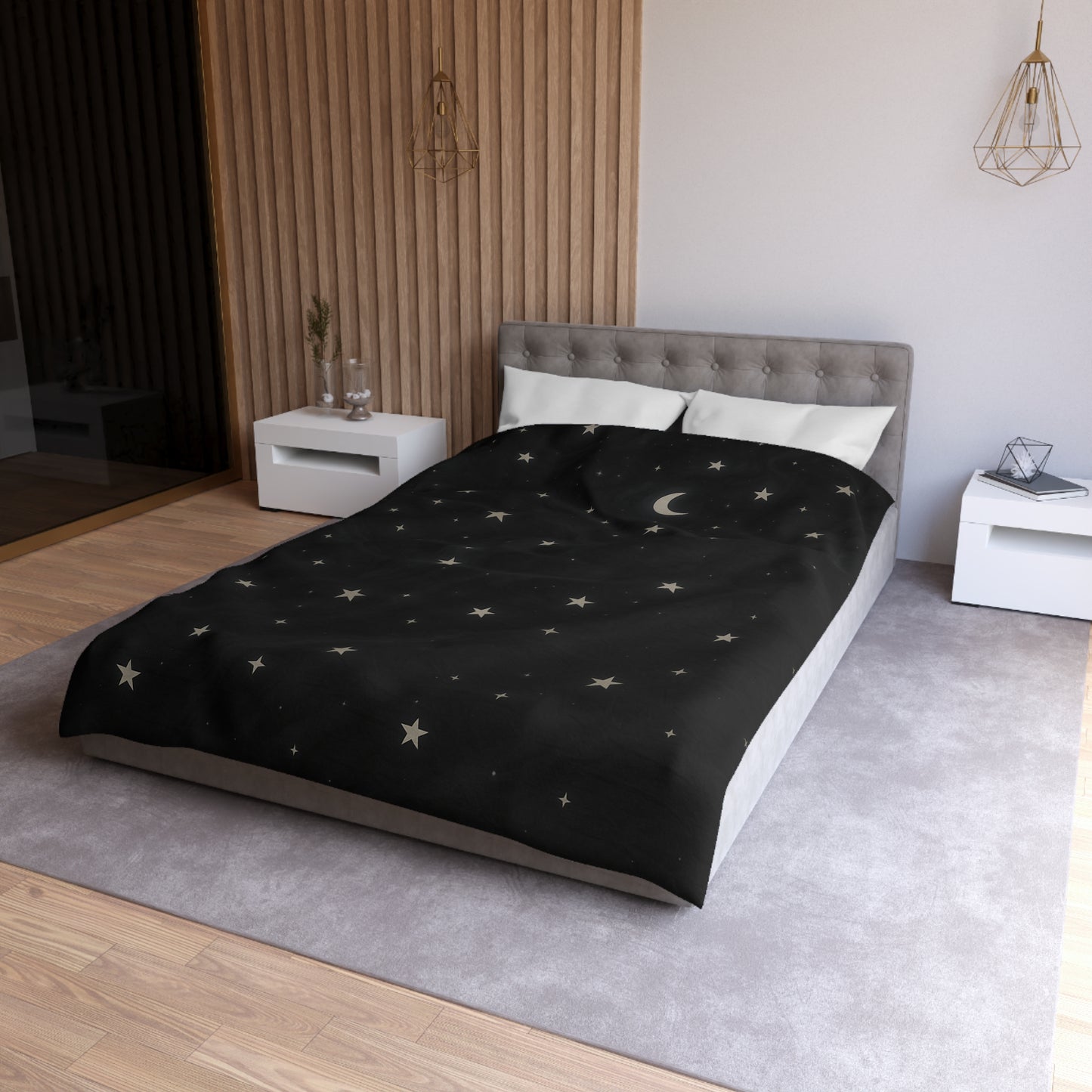 Obsidian Veil Duvet Cover – Black Celestial Moon & Stars Bedding for Modern Bedrooms