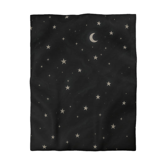 Obsidian Veil Duvet Cover – Black Celestial Moon & Stars Bedding for Modern Bedrooms