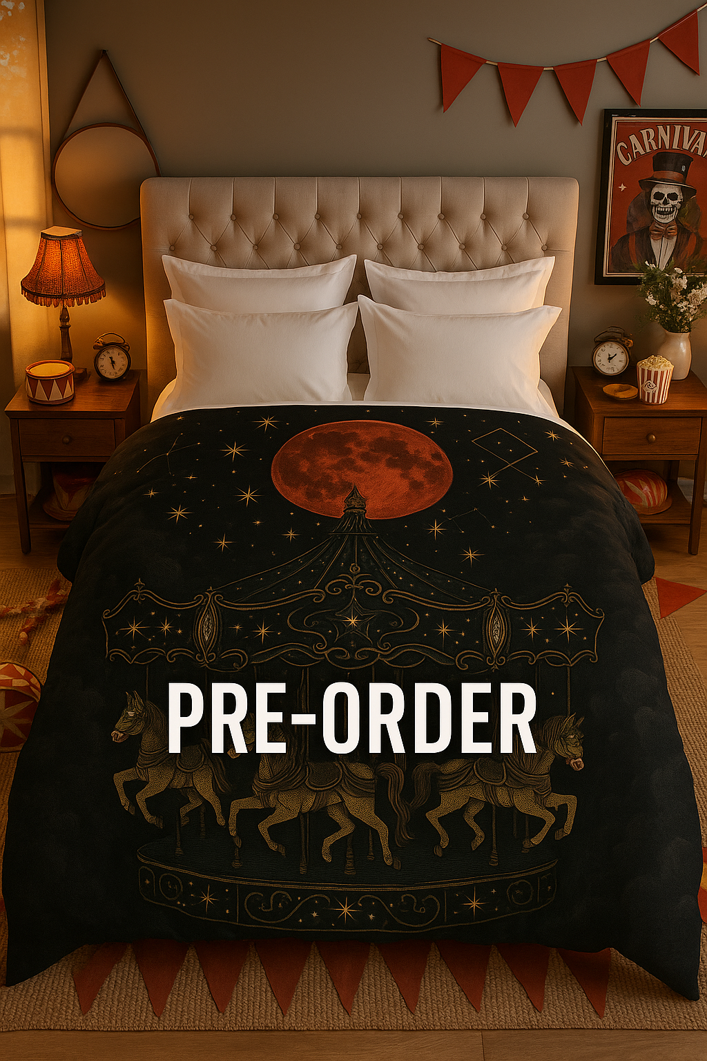 Cursed Carnival™ Carousel Bedding Collection – Gothic Celestial Duvet & Complete Bedding Set (Silk, Cotton, or Poly)