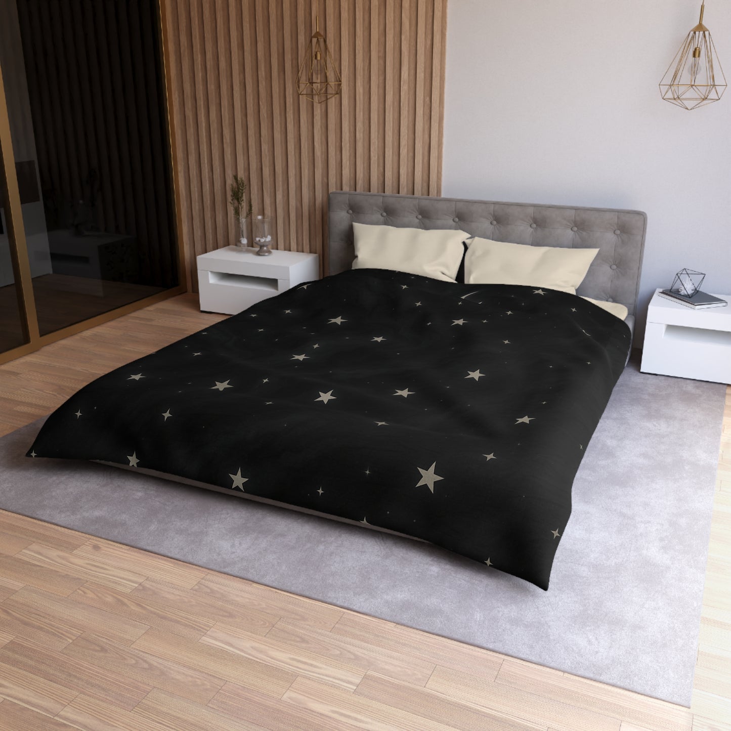 Obsidian Veil Duvet Cover – Black Celestial Moon & Stars Bedding for Modern Bedrooms