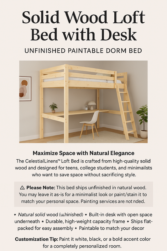 White Loft Bed with Desk – Solid Wood Space-Saving Bed for Teens, Dorms & Apartments