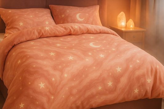 Rose Quartz Glow Duvet Cover– Blush Pink Moon & Stars Bedding for Dorms and Cozy Bedrooms