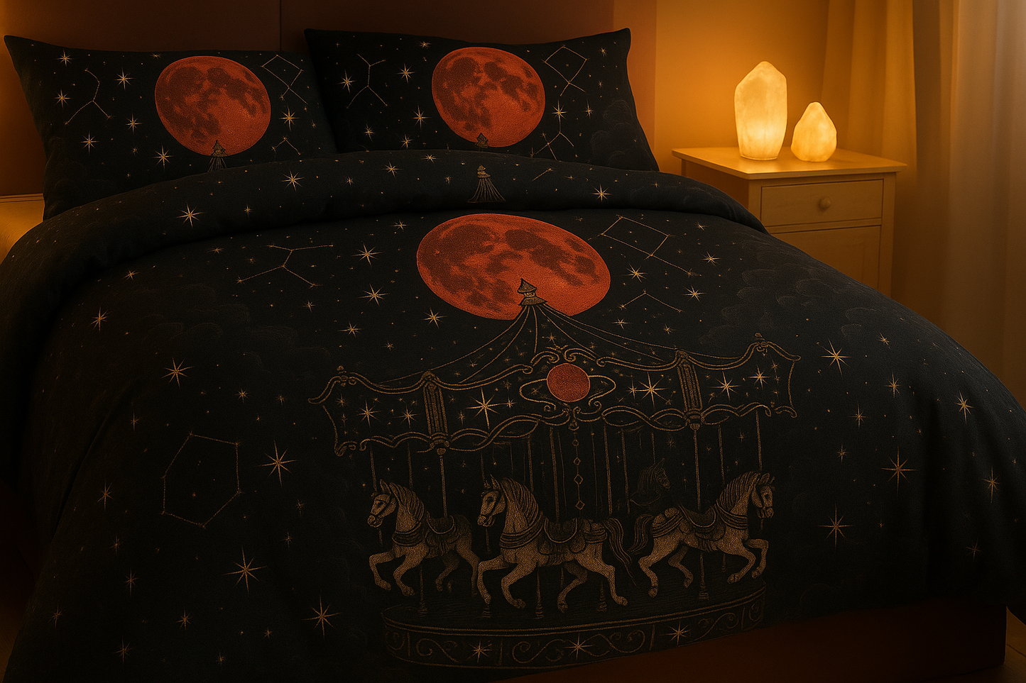 Cursed Carnival™ Carousel Bedding Collection – Gothic Celestial Duvet & Complete Bedding Set (Silk, Cotton, or Poly)