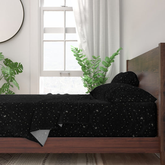 Obsidian Veil Sheet Set – Black Galaxy Stars & Moon Cotton Sateen Bedding | Twin to Cal King | CelestialLinens™