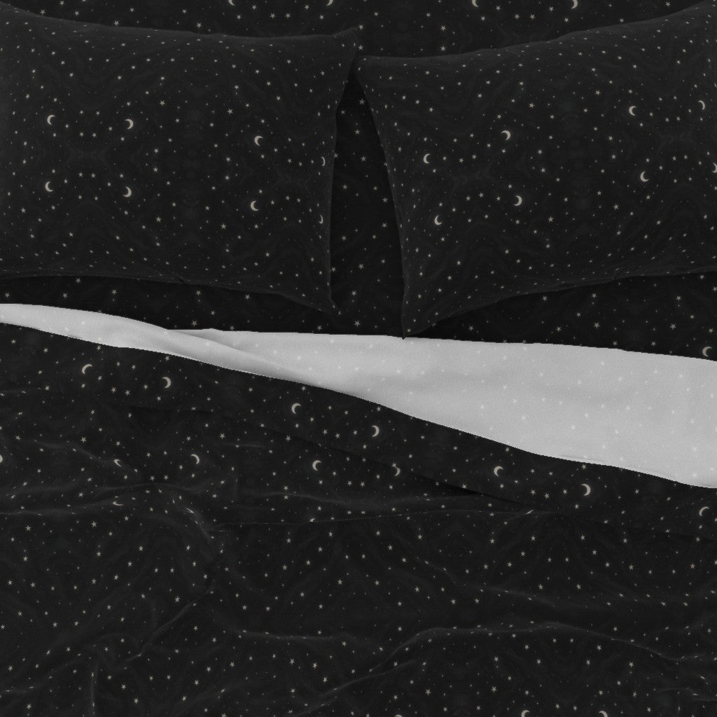 Obsidian Veil Sheet Set – Black Galaxy Stars & Moon Cotton Sateen Bedding | Twin to Cal King | CelestialLinens™