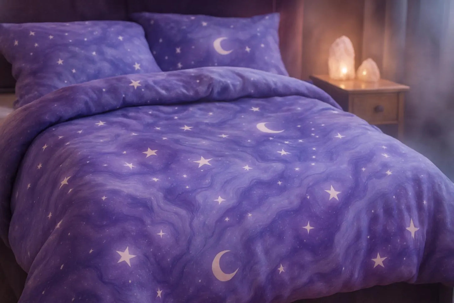 Celestial Celestial Duvet Set Set – Purple Marble Bedding with Moons & Stars | Mystic Linen Duvet Cover | Moon Bedroom Aesthetic | Queen/King